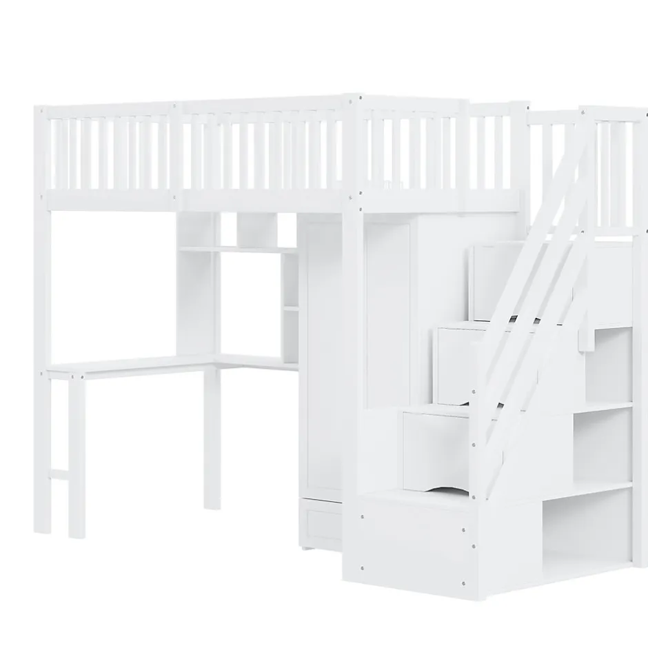 Enfant Redom Lit superposé 90x200 cm avec armoire et bureau intégrés, escalier tiroirs en bois massif blanc, gain de place