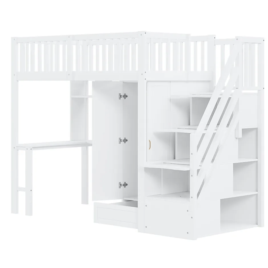 Enfant Redom Lit superposé 90x200 cm avec armoire et bureau intégrés, escalier tiroirs en bois massif blanc, gain de place