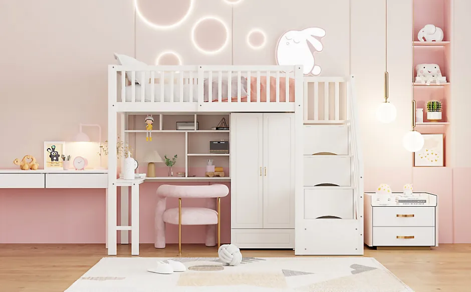 Enfant Redom Lit superposé 90x200 cm avec armoire et bureau intégrés, escalier tiroirs en bois massif blanc, gain de place