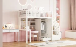 Enfant Redom Lit superposé 90x200 cm avec armoire et bureau intégrés, escalier tiroirs en bois massif blanc, gain de place