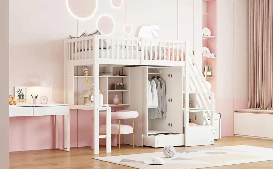 Enfant Redom Lit superposé 90x200 cm avec armoire et bureau intégrés, escalier tiroirs en bois massif blanc, gain de place