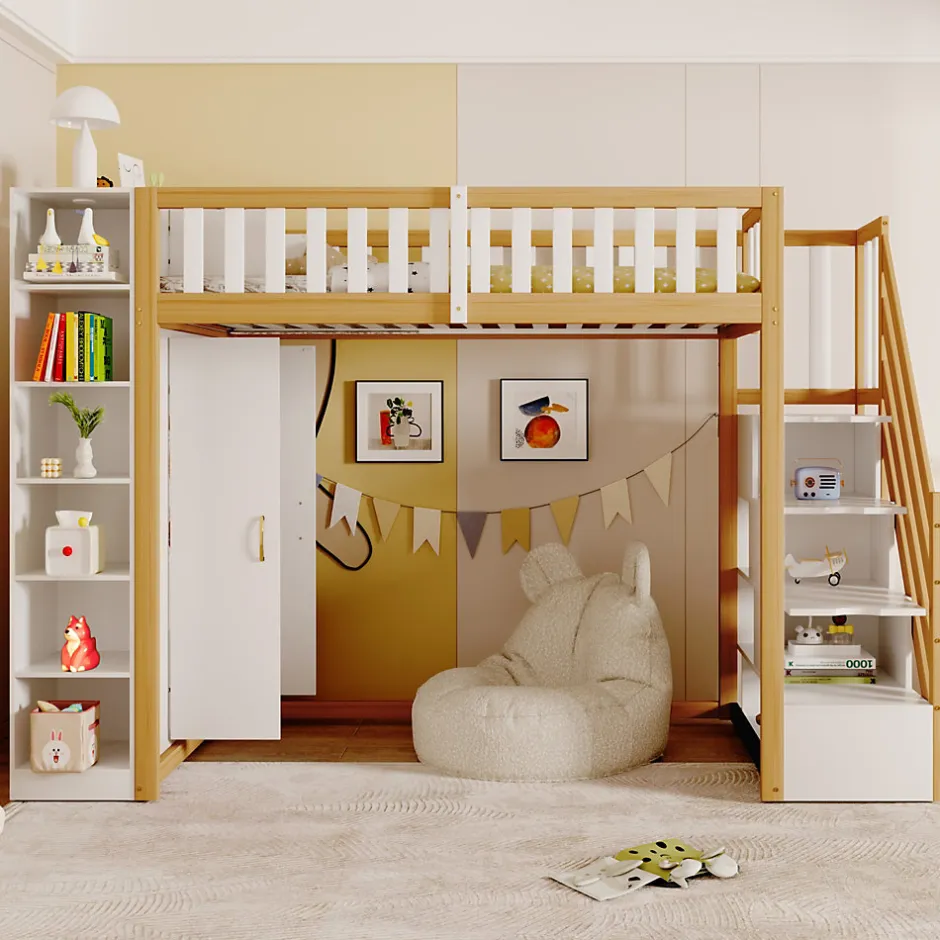 Enfant Redom Lit superposé 90x200 cm avec armoire intégrée et échelle à tiroirs en bois massif, blanc et bois naturel