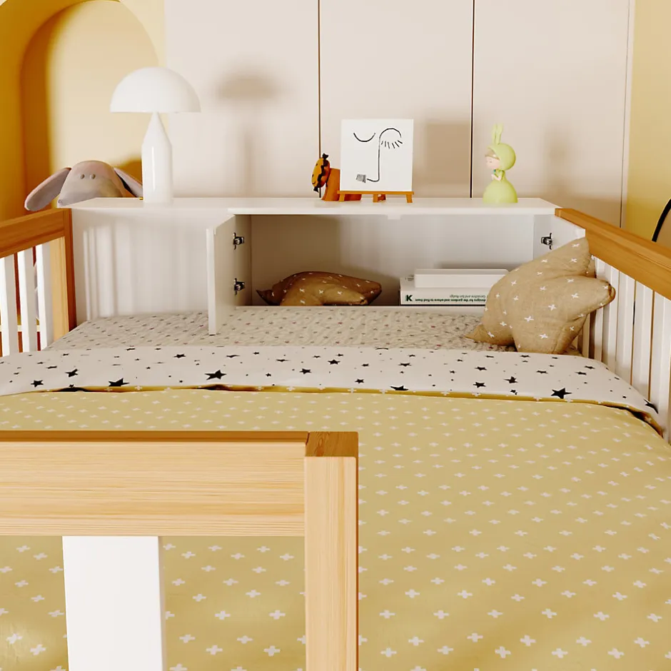 Enfant Redom Lit superposé 90x200 cm avec armoire intégrée et échelle à tiroirs en bois massif, blanc et bois naturel
