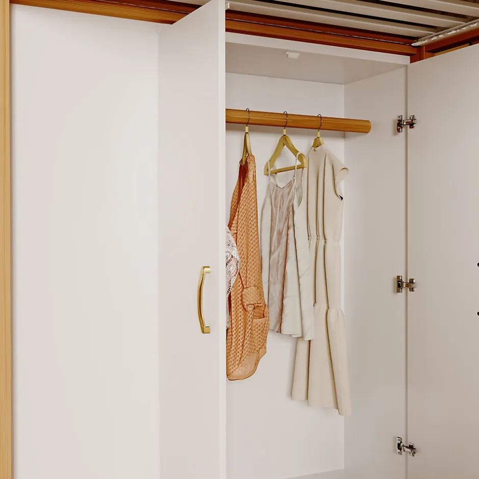 Enfant Redom Lit superposé 90x200 cm avec armoire intégrée et échelle à tiroirs en bois massif, blanc et bois naturel