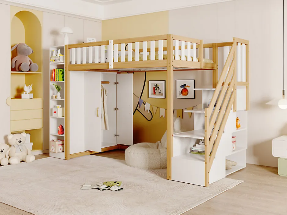 Enfant Redom Lit superposé 90x200 cm avec armoire intégrée et échelle à tiroirs en bois massif, blanc et bois naturel