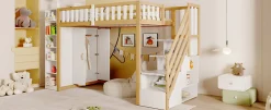 Enfant Redom Lit superposé 90x200 cm avec armoire intégrée et échelle à tiroirs en bois massif, blanc et bois naturel