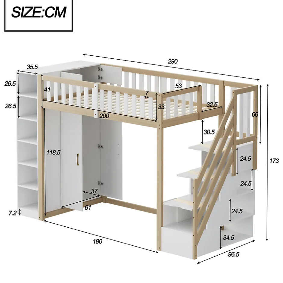 Enfant Redom Lit superposé 90x200 cm avec armoire intégrée et échelle à tiroirs en bois massif, blanc et bois naturel