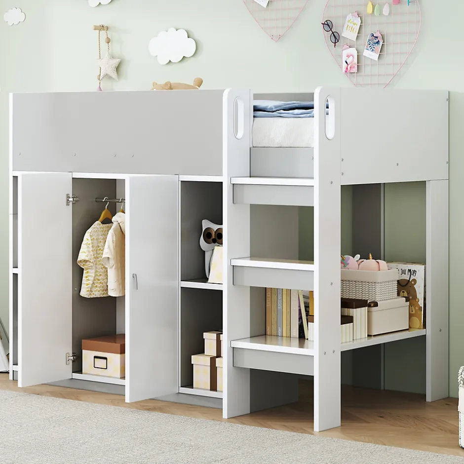Enfant Redom Lit superposé 90x200 cm avec armoire, étagères et échelle intégrée, structure bois massif gris