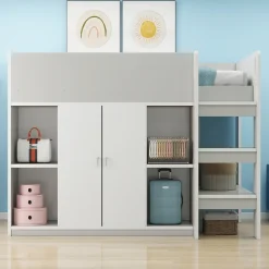 Enfant Redom Lit superposé 90x200 cm avec armoire, étagères et échelle intégrée, structure bois massif gris
