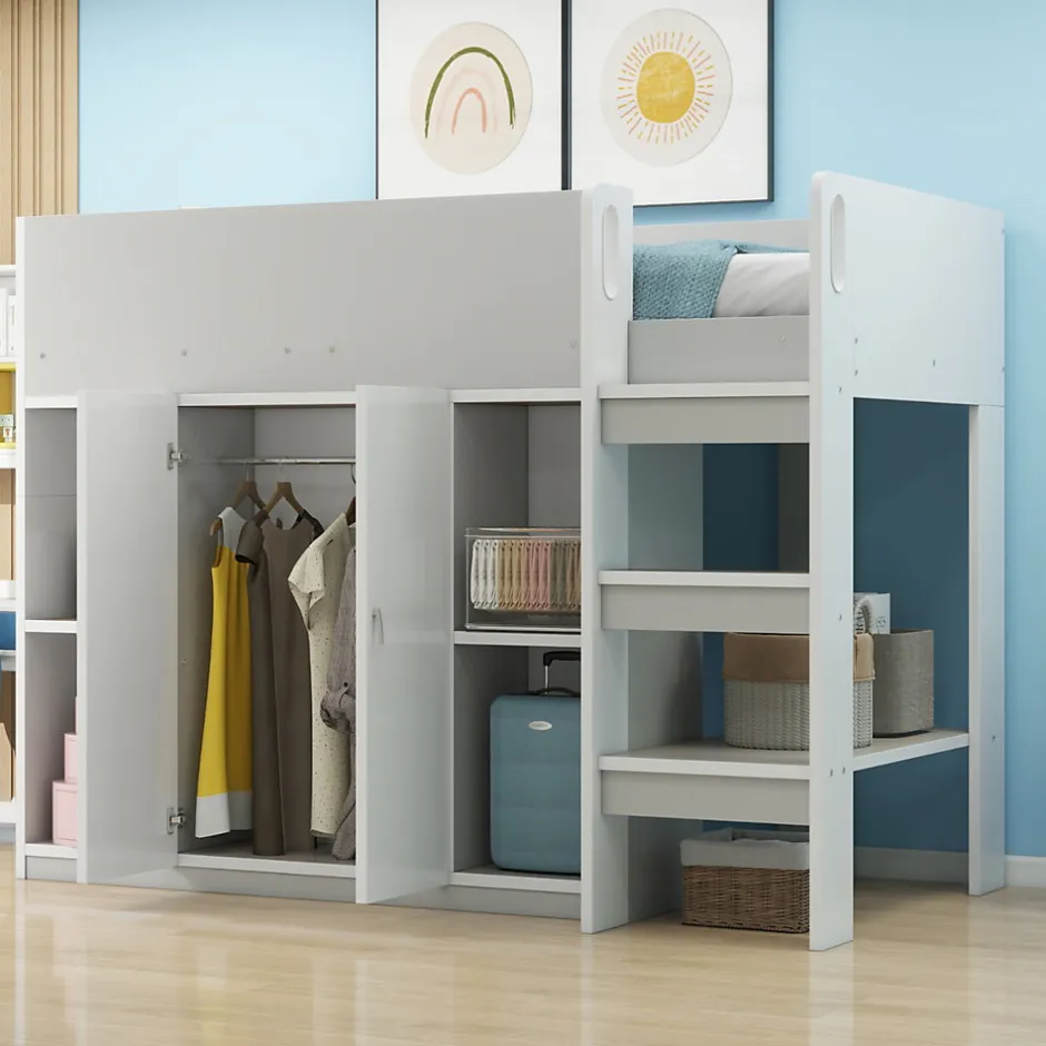 Enfant Redom Lit superposé 90x200 cm avec armoire, étagères et échelle intégrée, structure bois massif gris