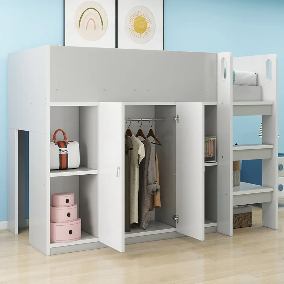 Enfant Redom Lit superposé 90x200 cm avec armoire, étagères et échelle intégrée, structure bois massif gris