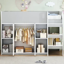 Enfant Redom Lit superposé 90x200 cm avec armoire, étagères et échelle intégrée, structure bois massif gris