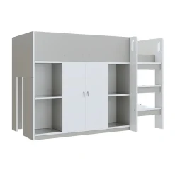 Enfant Redom Lit superposé 90x200 cm avec armoire, étagères et échelle intégrée, structure bois massif gris