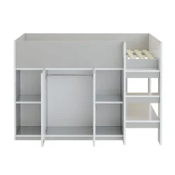 Enfant Redom Lit superposé 90x200 cm avec armoire, étagères et échelle intégrée, structure bois massif gris