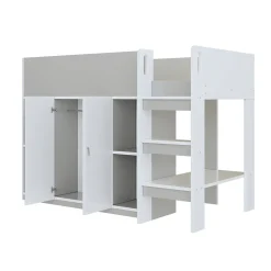 Enfant Redom Lit superposé 90x200 cm avec armoire, étagères et échelle intégrée, structure bois massif gris