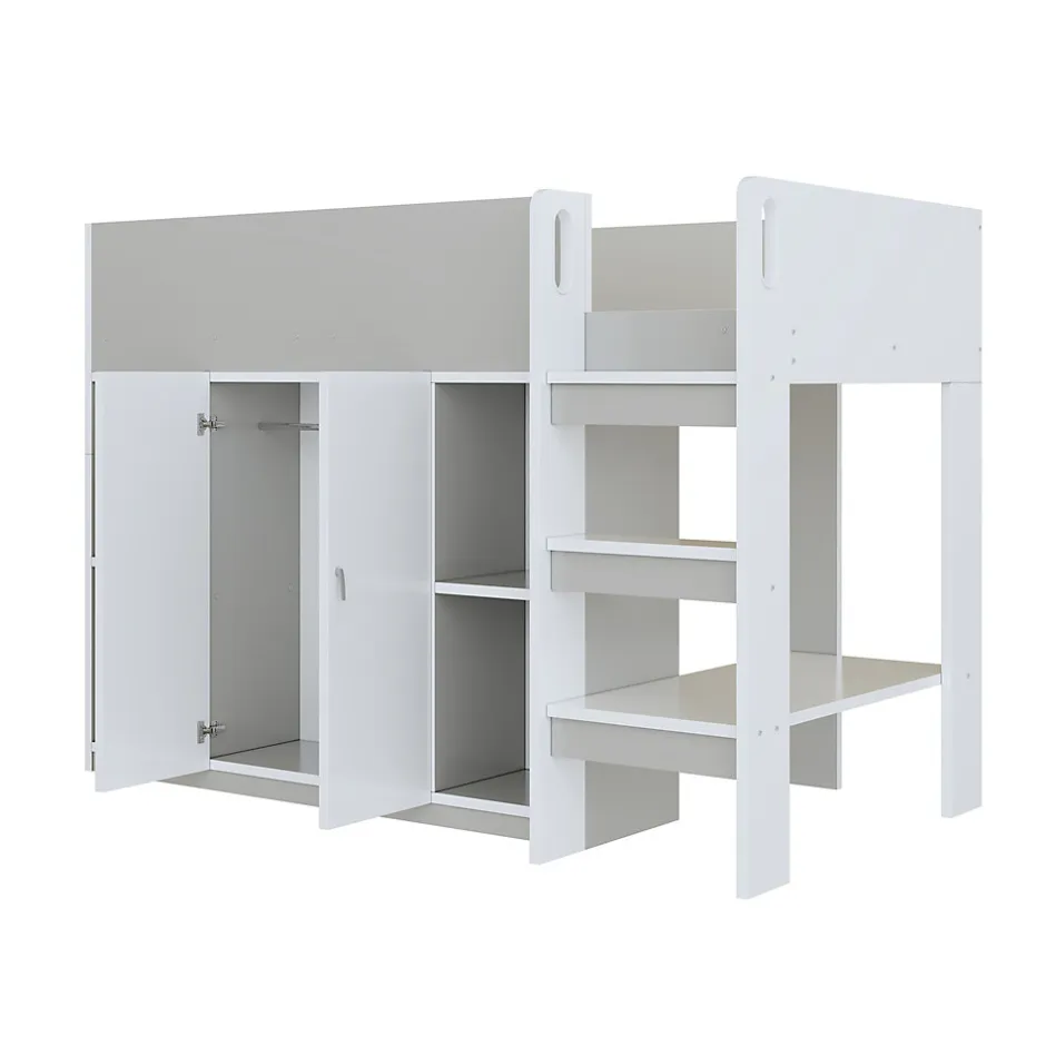 Enfant Redom Lit superposé 90x200 cm avec armoire, étagères et échelle intégrée, structure bois massif gris