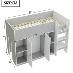 Enfant Redom Lit superposé 90x200 cm avec armoire, étagères et échelle intégrée, structure bois massif gris