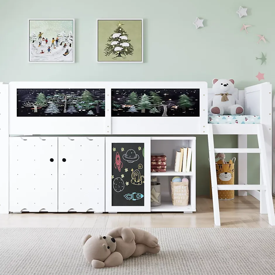 Redom Lit superposé 90x200 cm avec armoire 2 portes, tableau à craie et échelle inclinée en pin/MDF Best