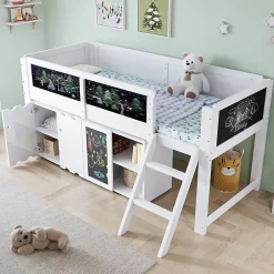 Redom Lit superposé 90x200 cm avec armoire 2 portes, tableau à craie et échelle inclinée en pin/MDF Best