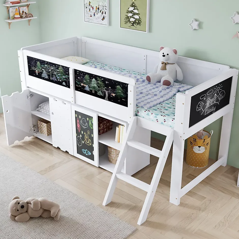 Redom Lit superposé 90x200 cm avec armoire 2 portes, tableau à craie et échelle inclinée en pin/MDF Best