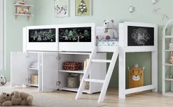 Redom Lit superposé 90x200 cm avec armoire 2 portes, tableau à craie et échelle inclinée en pin/MDF Best