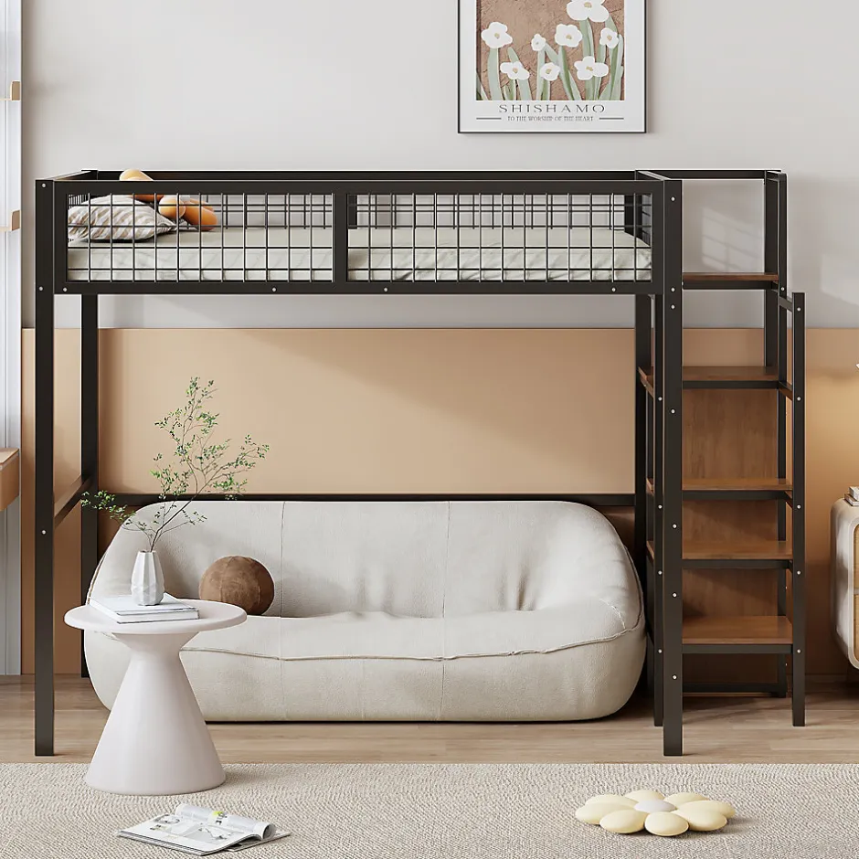 Enfant Redom Lit superposé 140x200 cm avec armoire intégrée et échelle sécurisée, structure métal noir