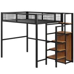 Enfant Redom Lit superposé 140x200 cm avec armoire intégrée et échelle sécurisée, structure métal noir