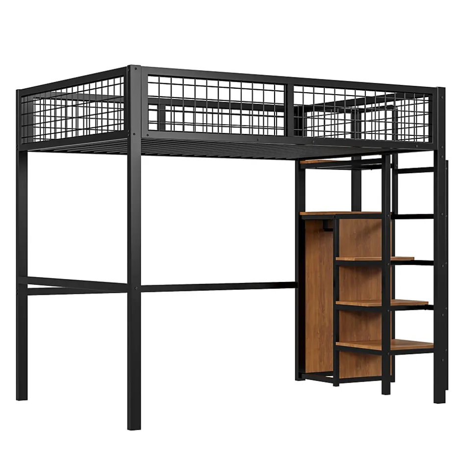 Enfant Redom Lit superposé 140x200 cm avec armoire intégrée et échelle sécurisée, structure métal noir