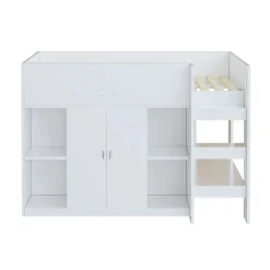 Redom Lit superposé 90x200 cm avec armoire et étagères intégrées, échelle incluse, structure en bois massif blanc et gris