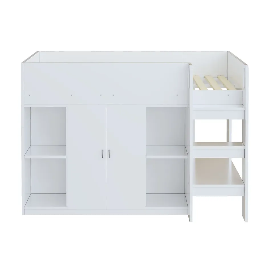 Redom Lit superposé 90x200 cm avec armoire et étagères intégrées, échelle incluse, structure en bois massif blanc et gris