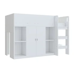 Redom Lit superposé 90x200 cm avec armoire et étagères intégrées, échelle incluse, structure en bois massif blanc et gris