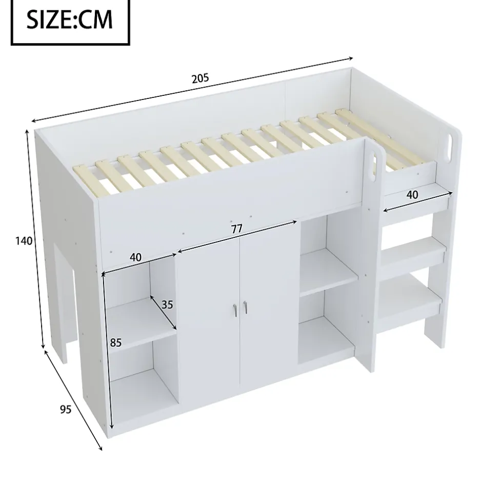 Redom Lit superposé 90x200 cm avec armoire et étagères intégrées, échelle incluse, structure en bois massif blanc et gris