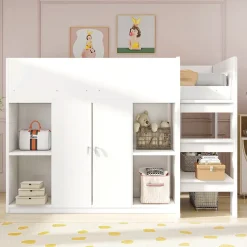 Redom Lit superposé 90x200 cm avec armoire et étagères intégrées, échelle incluse, structure en bois massif blanc et gris