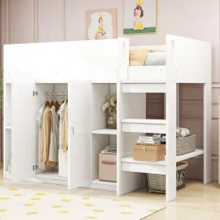 Redom Lit superposé 90x200 cm avec armoire et étagères intégrées, échelle incluse, structure en bois massif blanc et gris