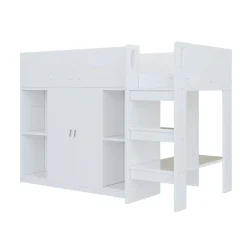 Redom Lit superposé 90x200 cm avec armoire et étagères intégrées, échelle incluse, structure en bois massif blanc et gris