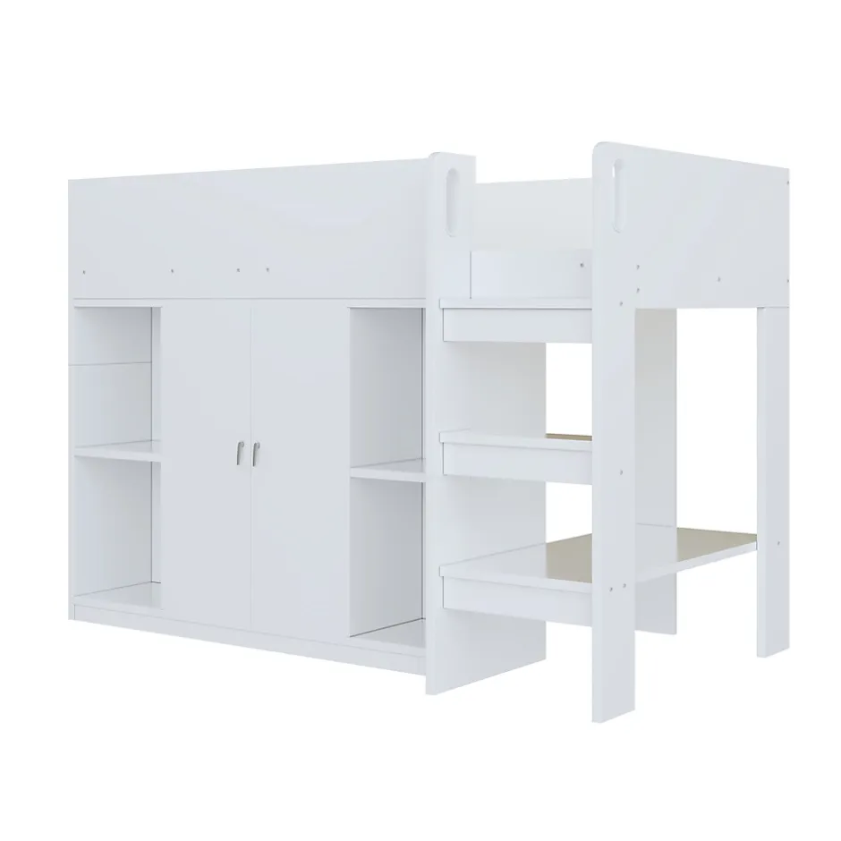 Redom Lit superposé 90x200 cm avec armoire et étagères intégrées, échelle incluse, structure en bois massif blanc et gris