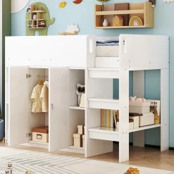 Redom Lit superposé 90x200 cm avec armoire et étagères intégrées, échelle incluse, structure en bois massif blanc et gris