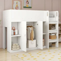 Redom Lit superposé 90x200 cm avec armoire et étagères intégrées, échelle incluse, structure en bois massif blanc et gris