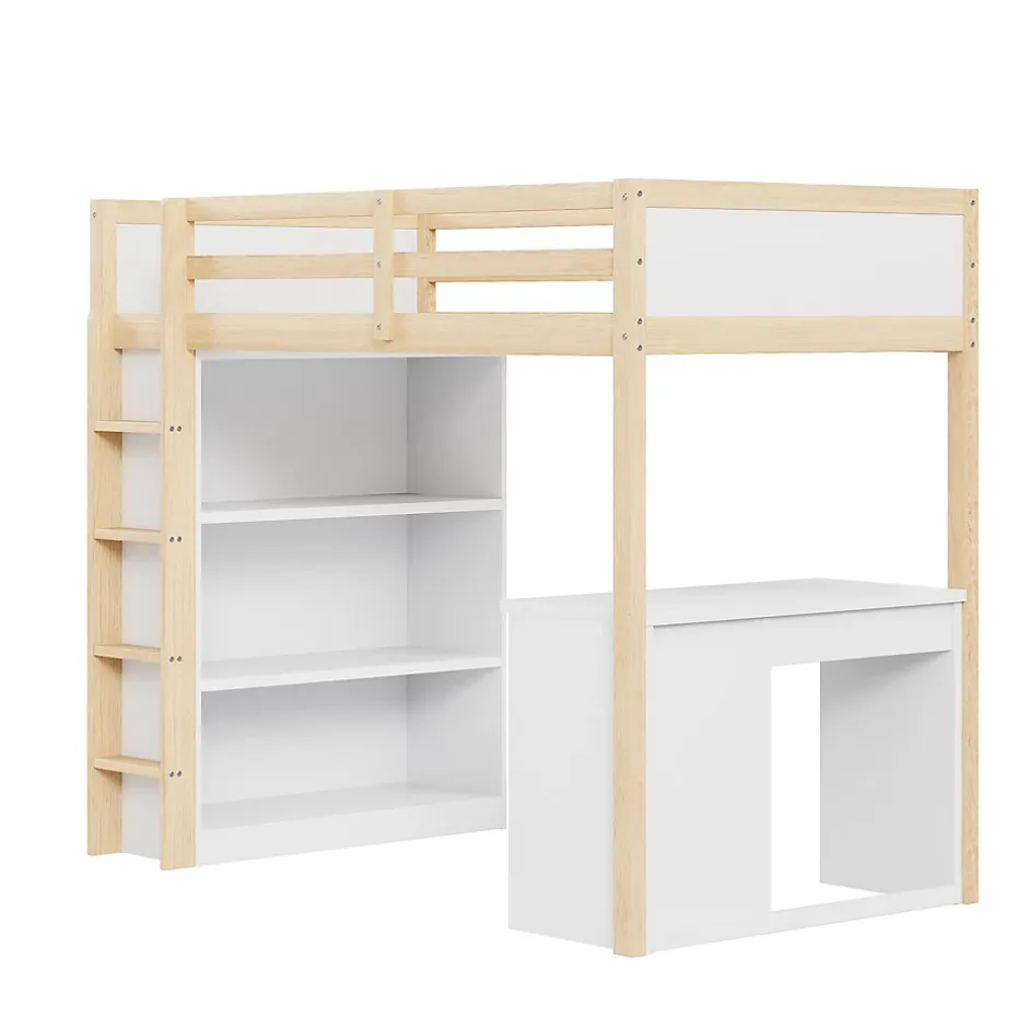 Redom Lit superposé 90x200 cm avec bureau modulable et armoire de rangement en bois naturel Hot