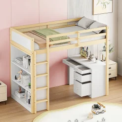 Redom Lit superposé 90x200 cm avec bureau modulable et armoire de rangement en bois naturel Hot