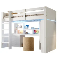 Enfant Redom Lit superposé 90x200 cm avec bureau intégré et armoire intégrée en pin massif blanc