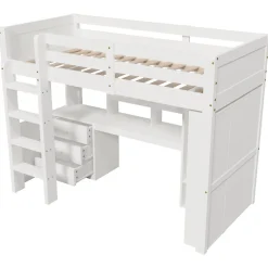 Enfant Redom Lit superposé 90x200 cm avec bureau intégré et armoire intégrée en pin massif blanc
