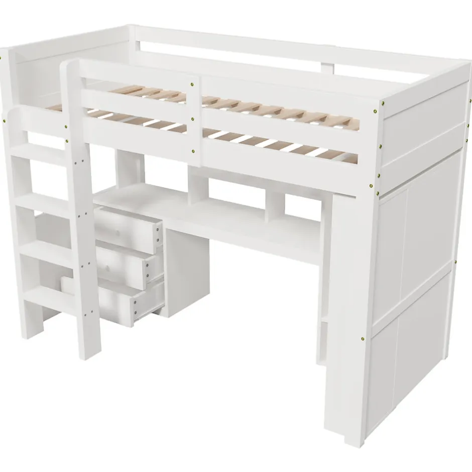 Enfant Redom Lit superposé 90x200 cm avec bureau intégré et armoire intégrée en pin massif blanc