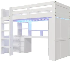 Enfant Redom Lit superposé 90x200 cm avec bureau intégré et armoire intégrée en pin massif blanc