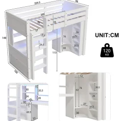 Enfant Redom Lit superposé 90x200 cm avec bureau intégré et armoire intégrée en pin massif blanc
