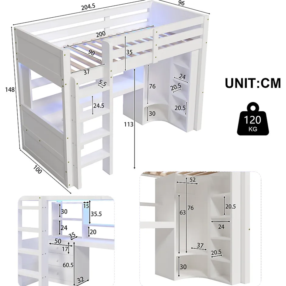 Enfant Redom Lit superposé 90x200 cm avec bureau intégré et armoire intégrée en pin massif blanc