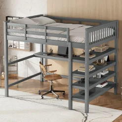 Redom Lit superposé 140x200 cm avec bureau intégré et étagères en pin massif et MDF, finition grise, gain de place Sale