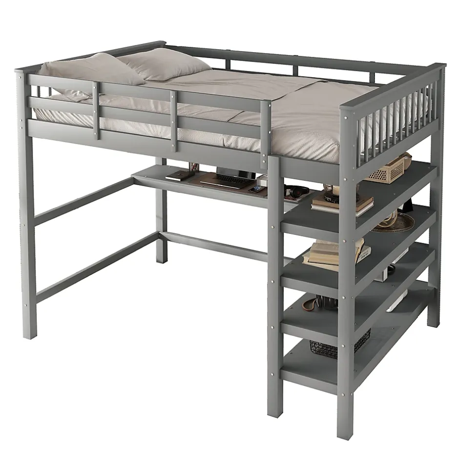 Redom Lit superposé 140x200 cm avec bureau intégré et étagères en pin massif et MDF, finition grise, gain de place Sale
