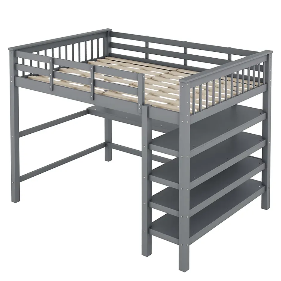 Redom Lit superposé 140x200 cm avec bureau intégré et étagères en pin massif et MDF, finition grise, gain de place Sale