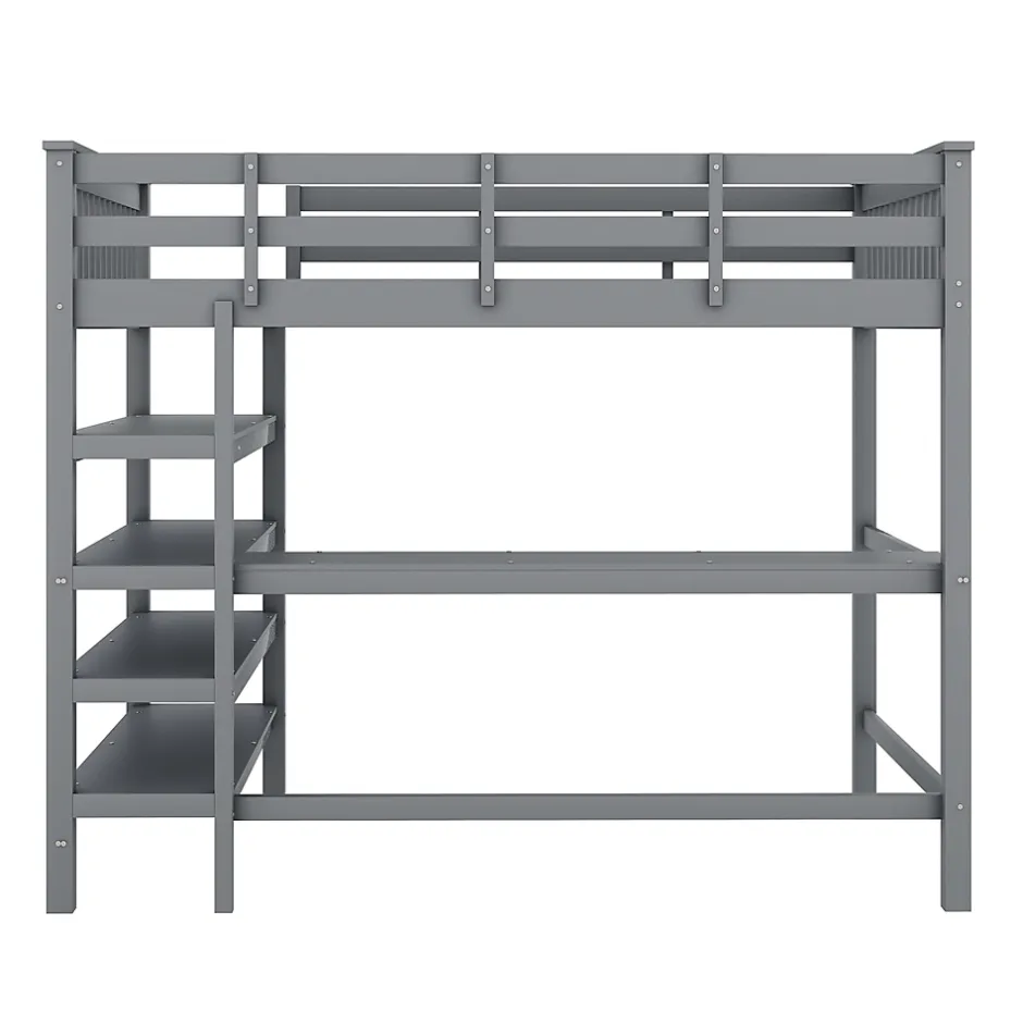 Redom Lit superposé 140x200 cm avec bureau intégré et étagères en pin massif et MDF, finition grise, gain de place Sale